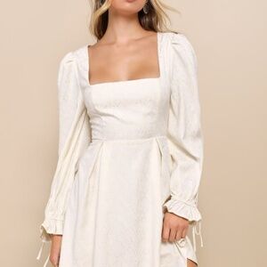 Lulus Elegant Adoration Cream Floral Jacquard Long Sleeve Mini Dress White